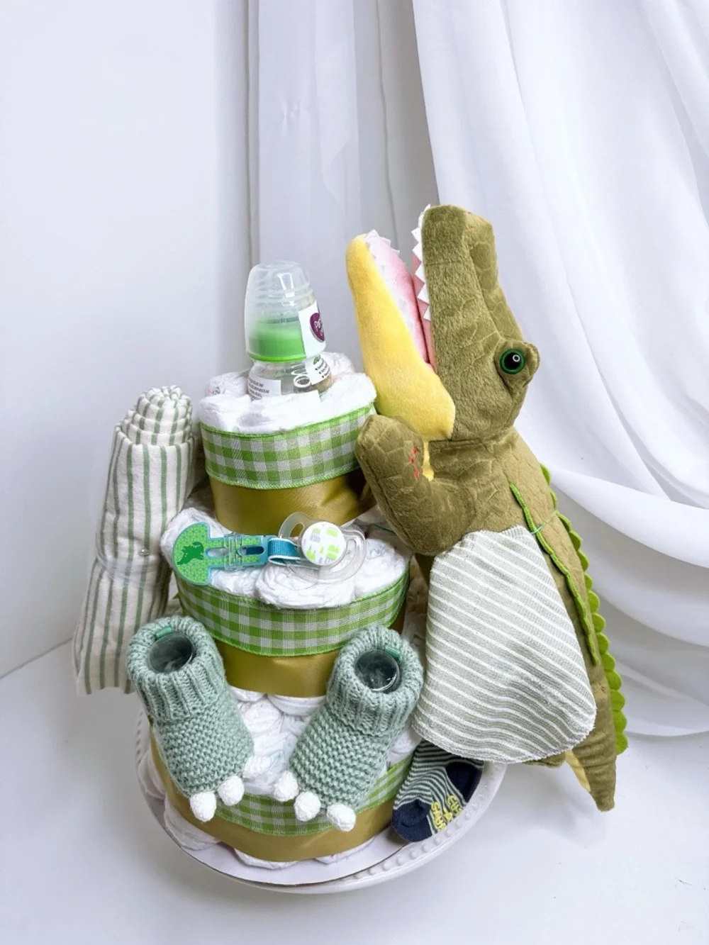 Green & White Alligator Baby Gift Set - Plush Crocodile + Essentials